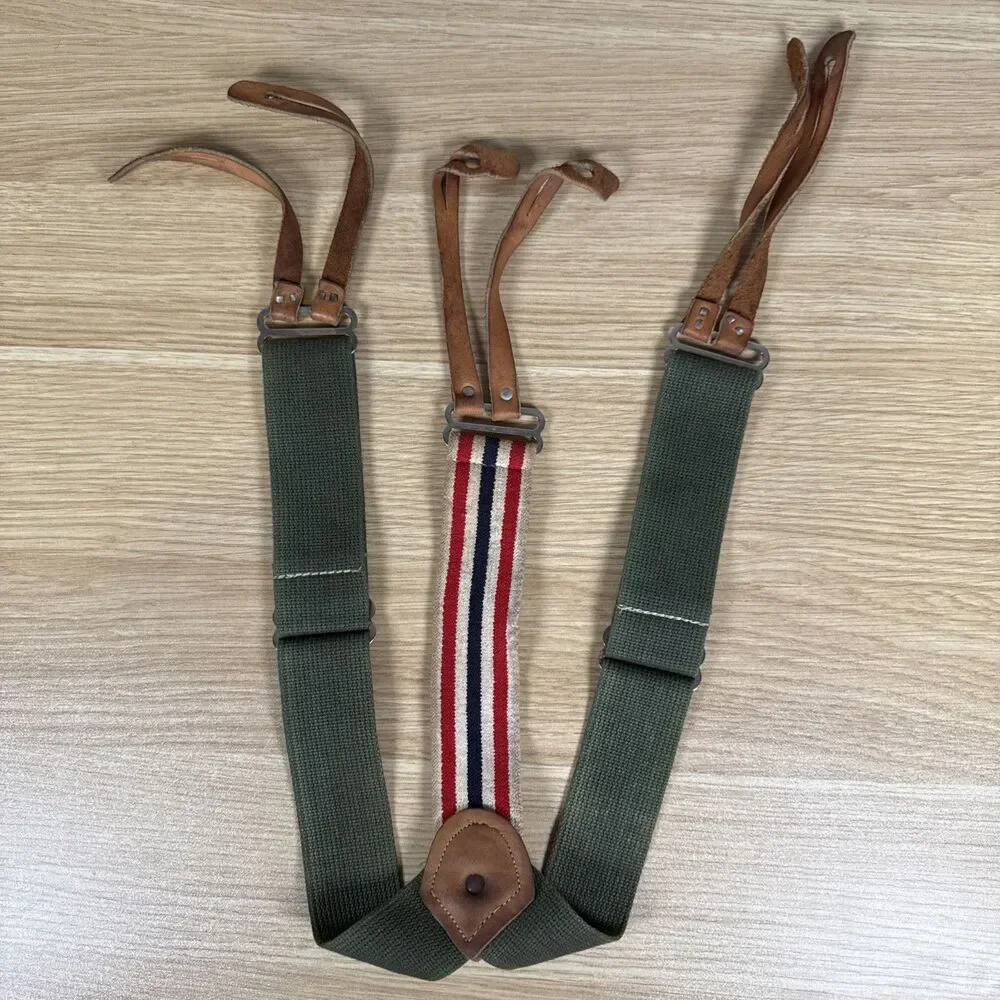 French Army Military Tricolor Y-Back Trouser Suspenders Stamped Hardware Vintage